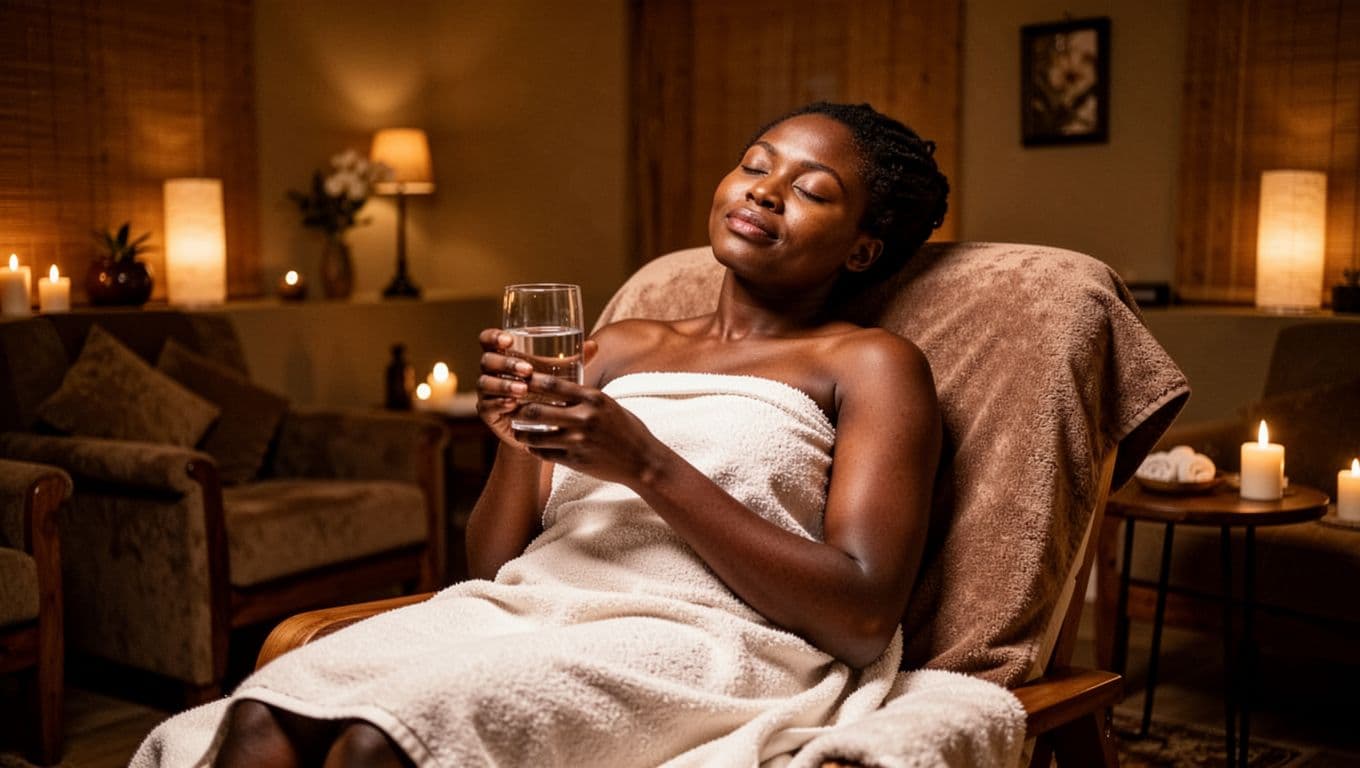 A serene client sits wrapped in a soft towel in a cozy spa lounge post-Nairobi Nuru massage, holding a glass of water with a calm, sleepy expression under soft warm lighting.