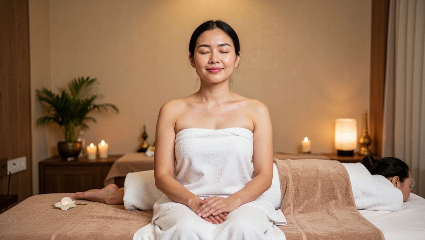 A client sits calmly with a clear, relaxed expression after a Thai massage in a serene spa setting with soft lighting, embodying post-treatment mental clarity and peace.