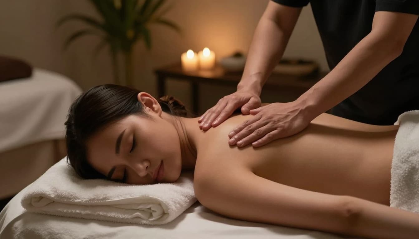 Benefits Of Massage 3 A calm client lies on a massage table receiving a gentle shoulder and neck massage from a therapist in a serene spa environment with dim ambient lighting, plants, and candles. The client's eyes are closed in deep relaxation, partial face visible, showcasing a shift to a relaxed state.