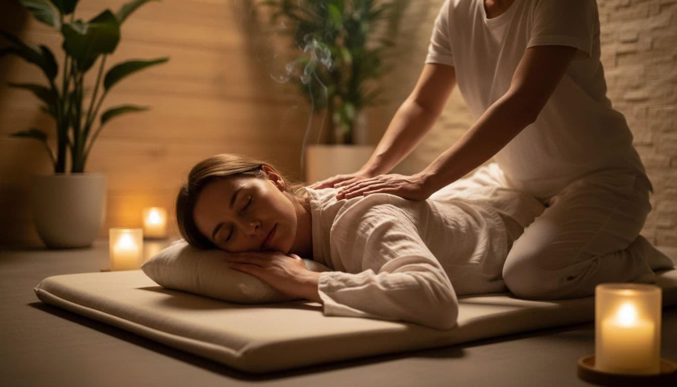 A single relaxed client lies on a padded mat in a tranquil spa room with eyes closed, as a therapist's hands apply slow gentle pressure to the upper back and shoulders through clothing, evoking stress relief and body awareness.