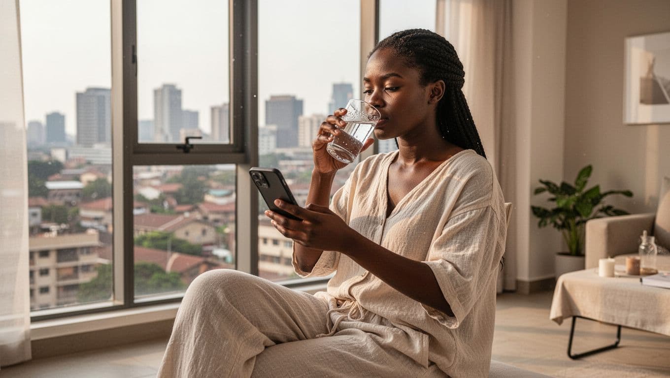 A relaxed young adult in loose comfortable clothes drinks a glass of water while checking their phone for appointment time in a bright modern Nairobi apartment with city view and natural morning light.
