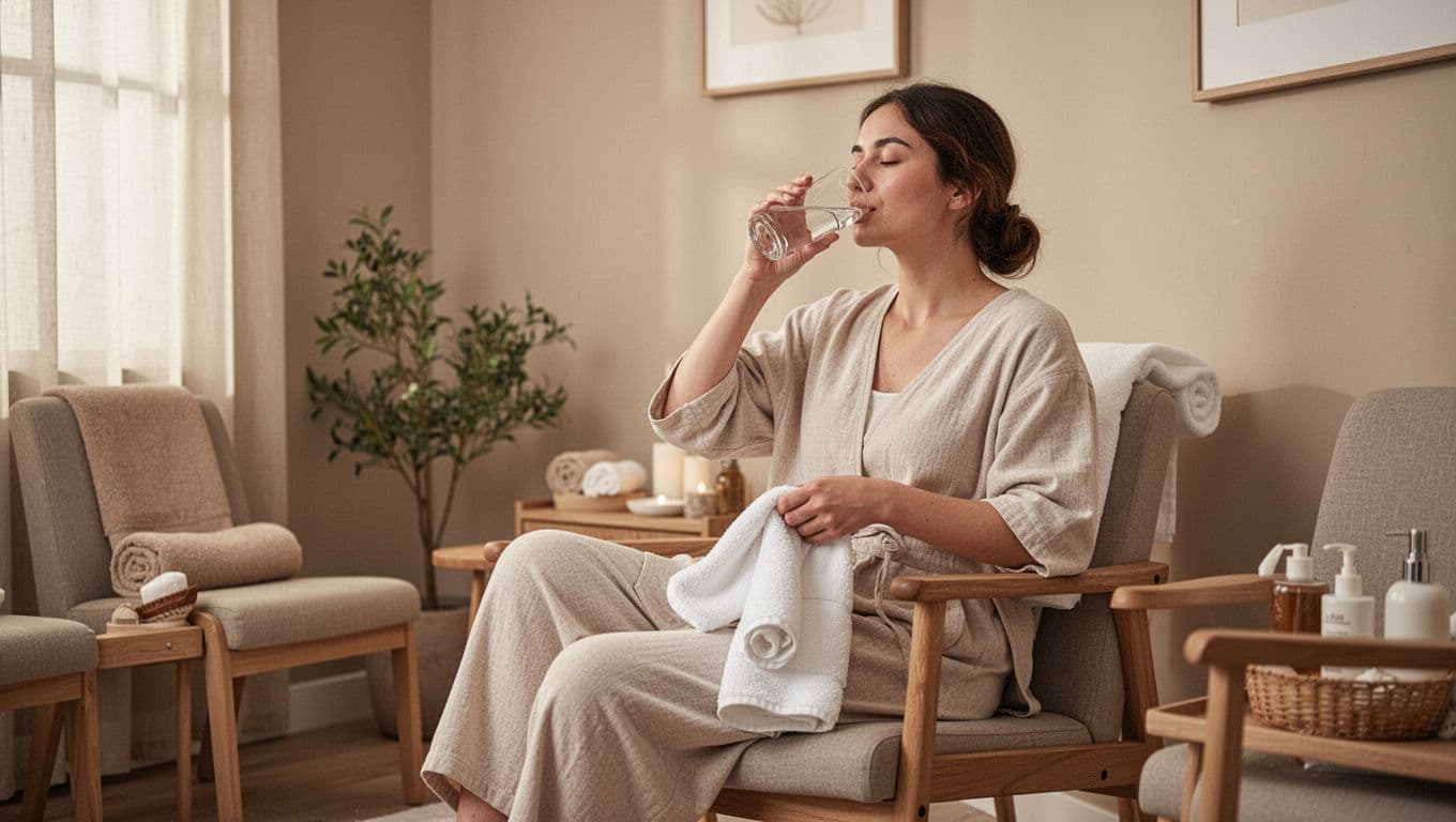 Benefits Of Massage 13 A relaxed person in comfortable clothes drinks water from a glass and gathers a towel in a cozy spa waiting area, preparing for a massage session with soft natural light and serene neutral tones.