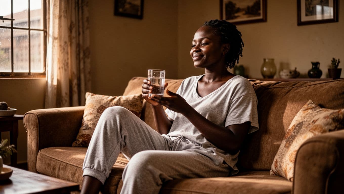 A relaxed Kenyan woman in comfortable loungewear sits calmly on a couch in a Nairobi home post-massage, holding a glass of water with a content serene expression, illuminated by soft natural light.