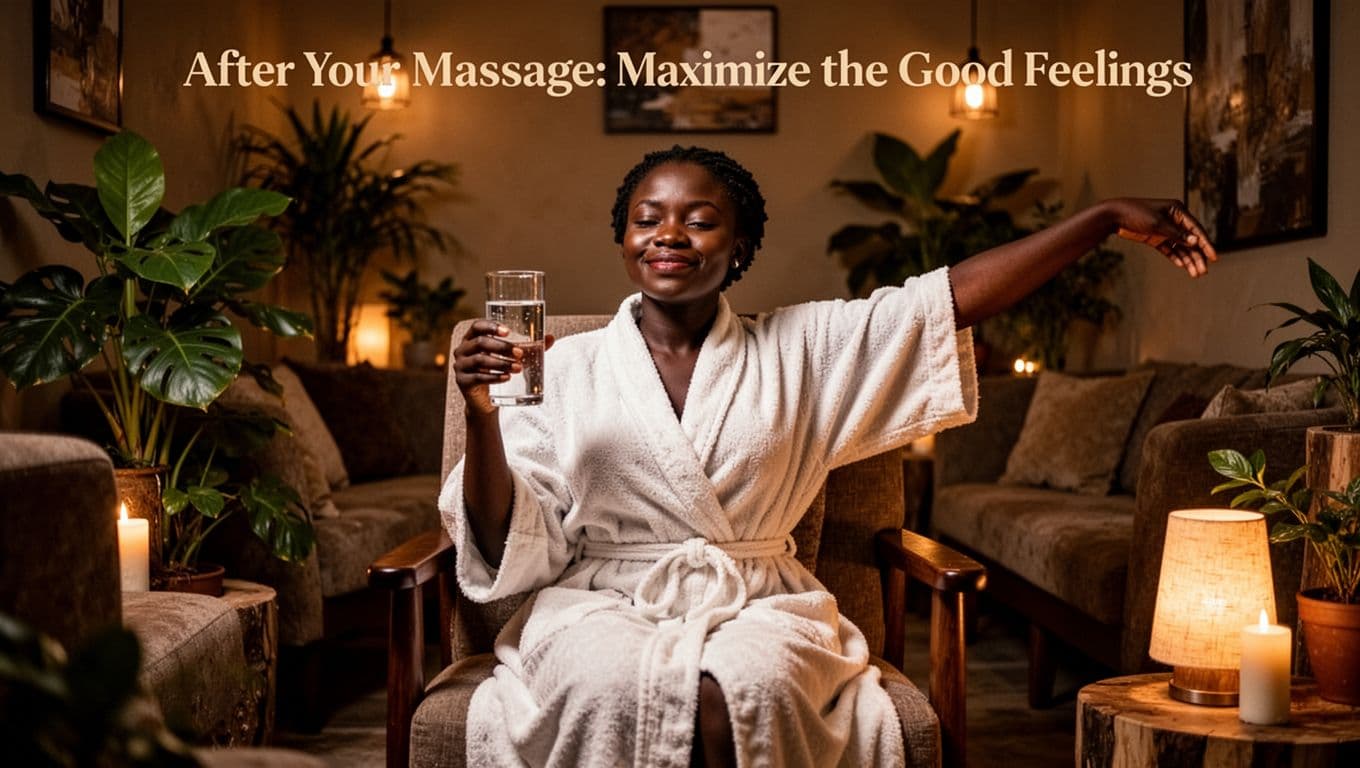 A relaxed Kenyan woman in a loose robe sits in a cozy spa lounge at Velva Massage in Kilimani, Nairobi, holding a glass of water with a serene smile after her massage session.
