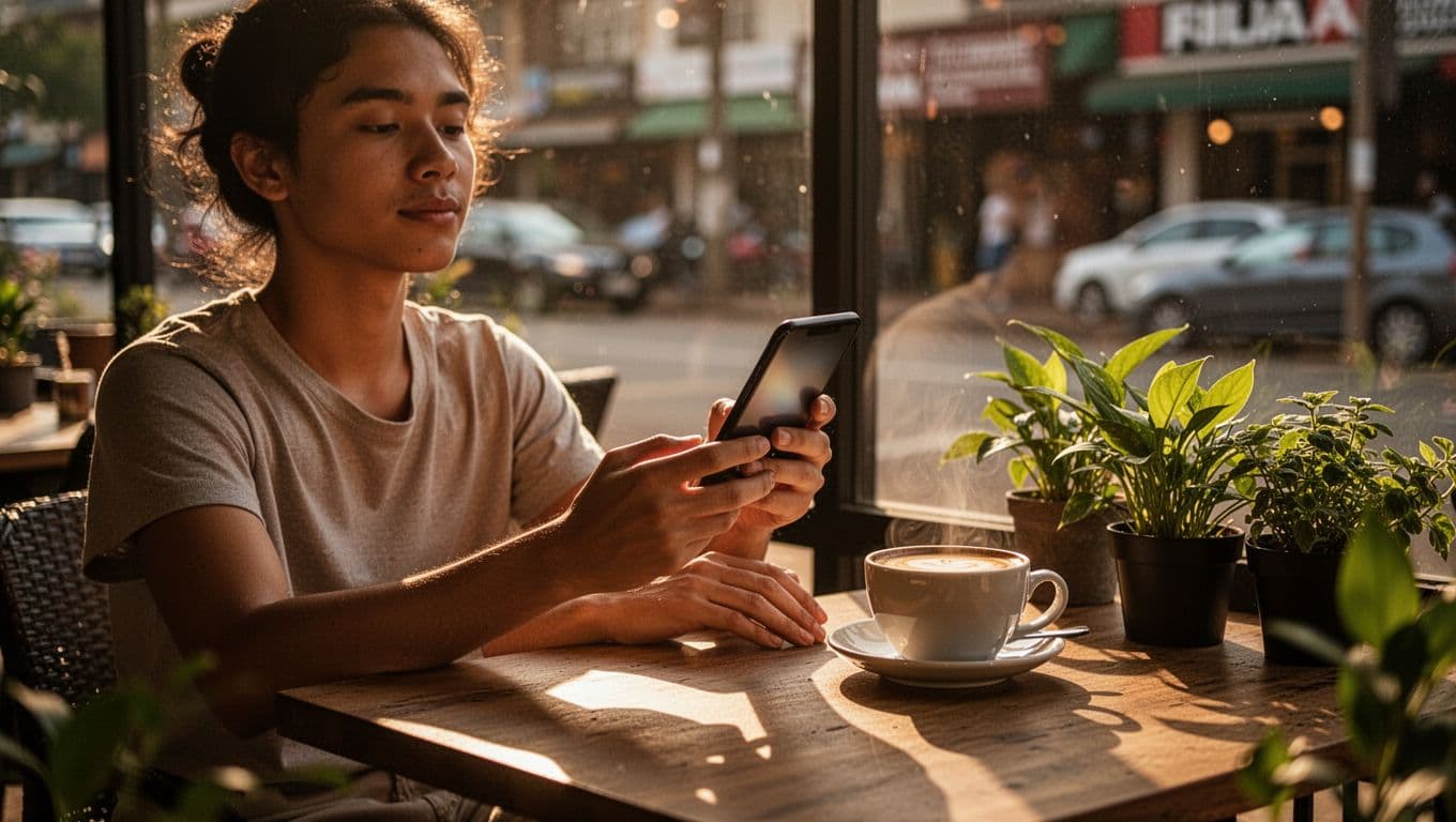 A relaxed young adult sits at an outdoor trendy Kilimani cafe table after a massage, loosely holding a smartphone with blurred screen, fresh coffee and green plants nearby, golden hour sunlight casting dramatic shadows.