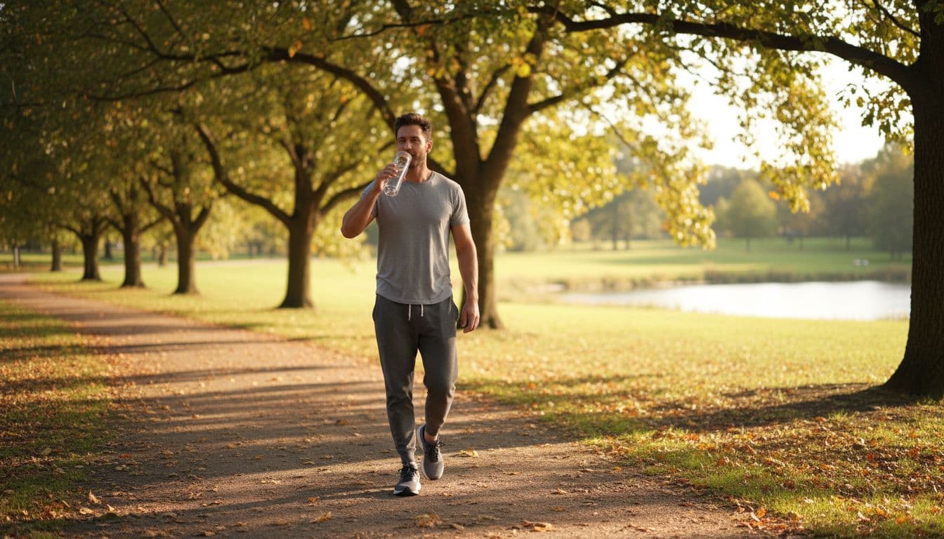 Relaxed athletic man in casual clothes walks gently on a sunny park path after deep tissue massage, holding a water bottle with a slight smile, golden hour sunlight filtering through trees.