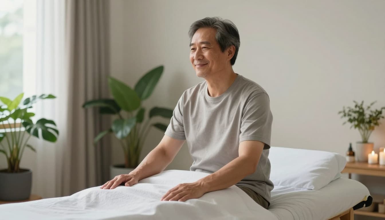 A content middle-aged man smiling softly while sitting on the edge of a massage bed post-session, looking refreshed and calm in a simple spa room with plants and soft morning light.