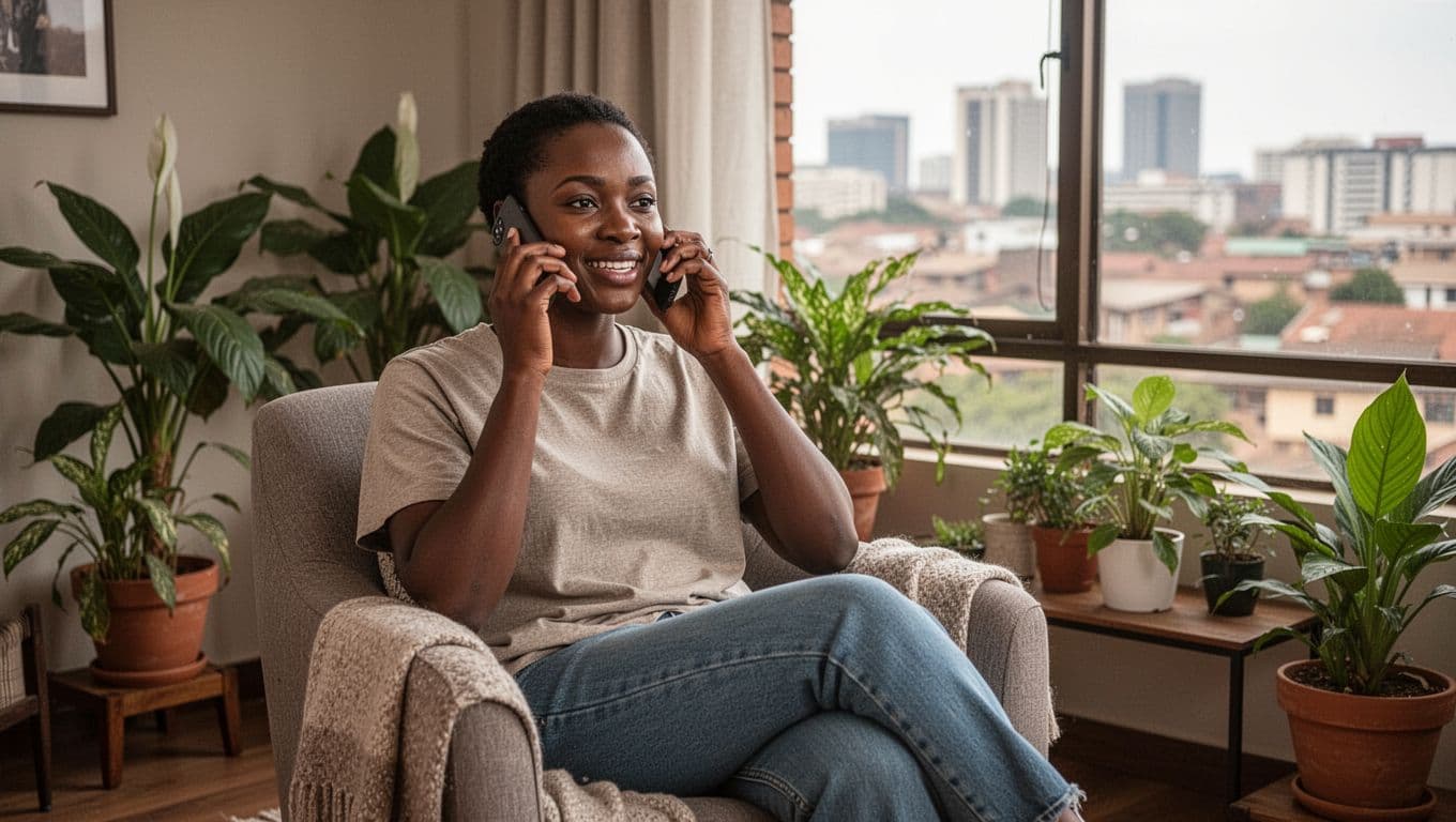 A relaxed client in casual clothes sits comfortably in a cozy Nairobi apartment with plants and city view, speaking on the phone to book a massage, focusing on calm expression and simple interaction.