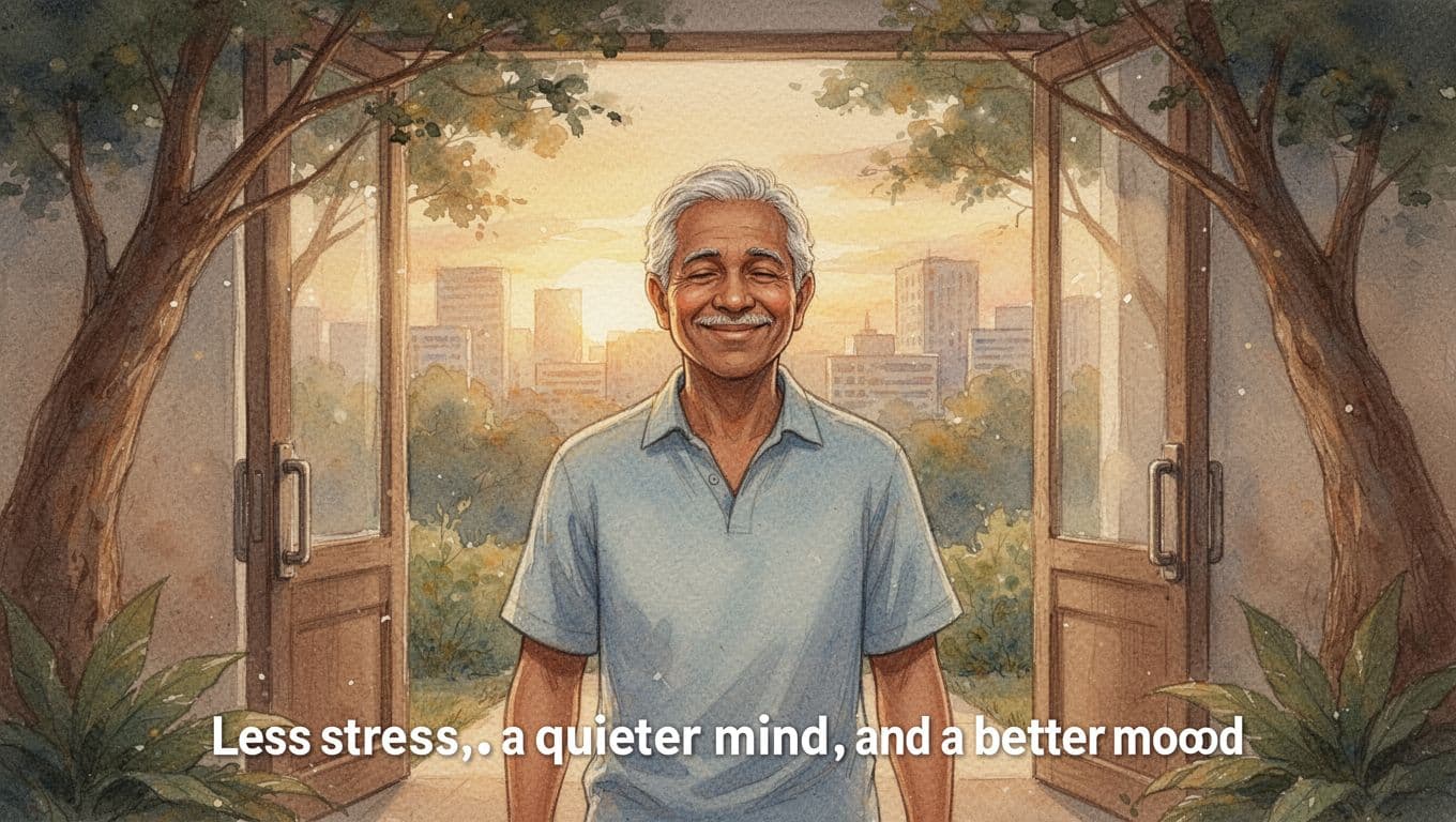 A relaxed middle-aged person emerges from a serene Nairobi spa entrance with a light peaceful smile, shoulders relaxed and posture upright, in soft golden evening light with blurred calm city background, rendered in watercolor style with warm earthy tones.