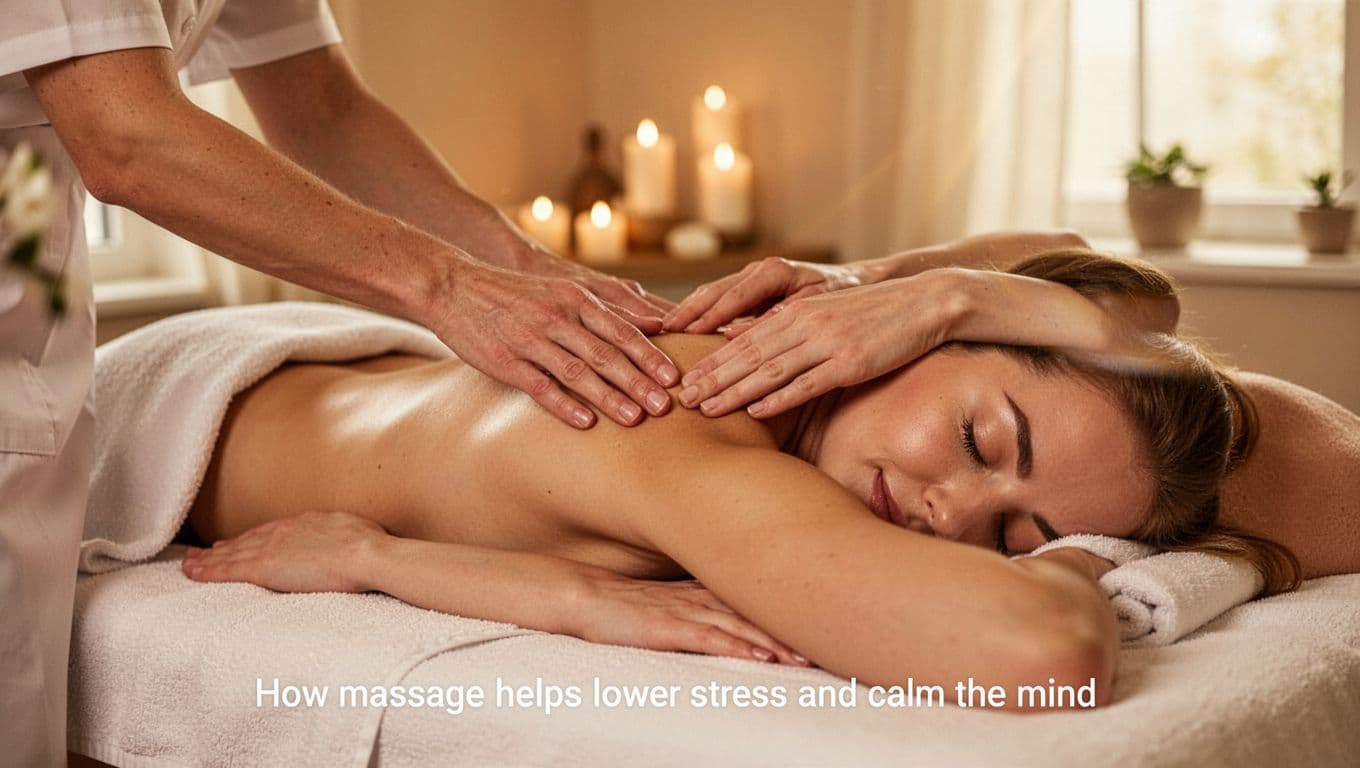 Massage 4 A relaxed client lying face down on a massage table in a serene spa receives gentle neck and shoulder massage, promoting stress relief and mental calm with soft lighting and peaceful atmosphere.