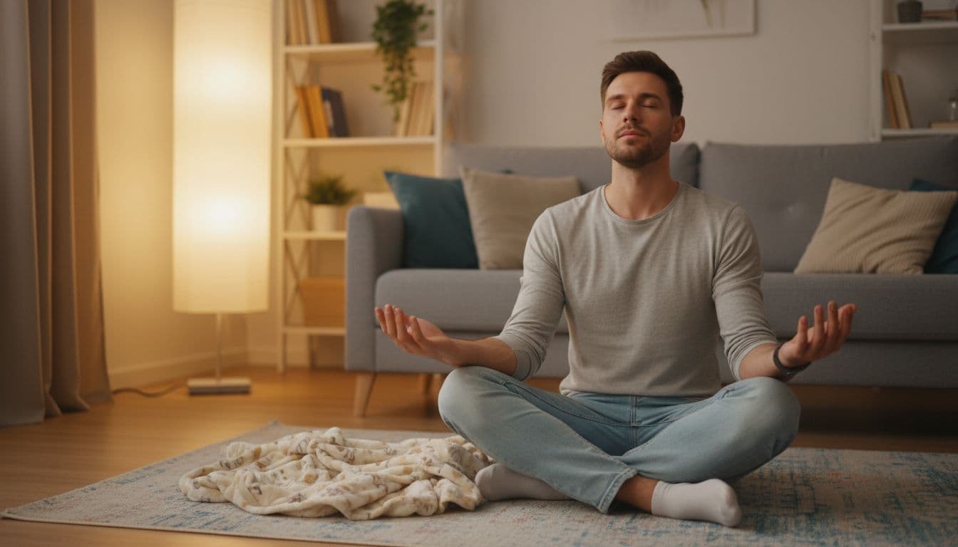 A calm man in his late 20s sits cross-legged on the floor with hands on knees, eyes closed, breathing deeply in a cozy living room with soft lighting and a baby blanket nearby.