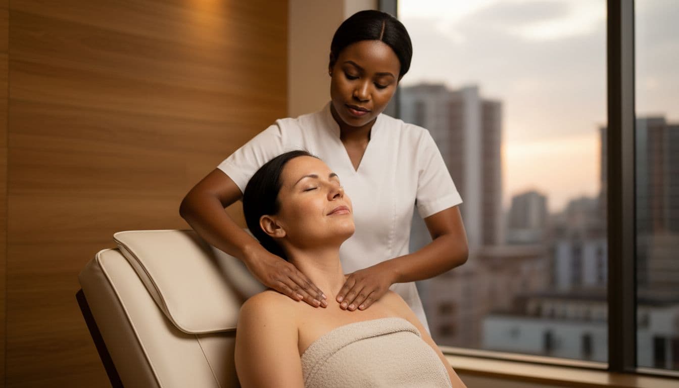 Relaxed office worker receives gentle neck and shoulder massage from therapist in cozy Nairobi spa with warm lighting and city skyline view, focusing on upper body relief from desk stress.