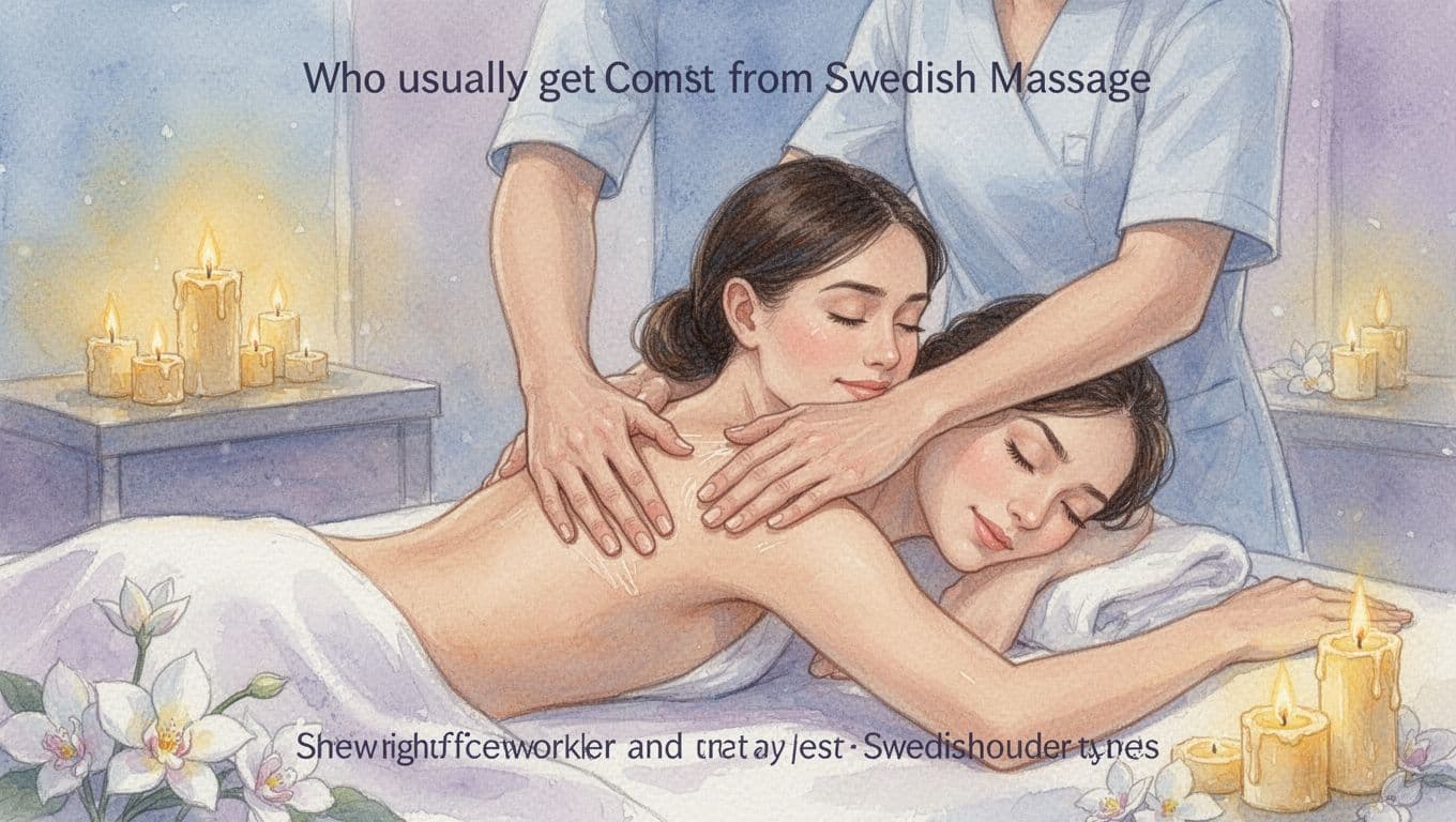 A relaxed office worker receives gentle Swedish massage on back and shoulders in a serene spa room with warm candlelight, showing stress relief in watercolor style with soft pastel tones.