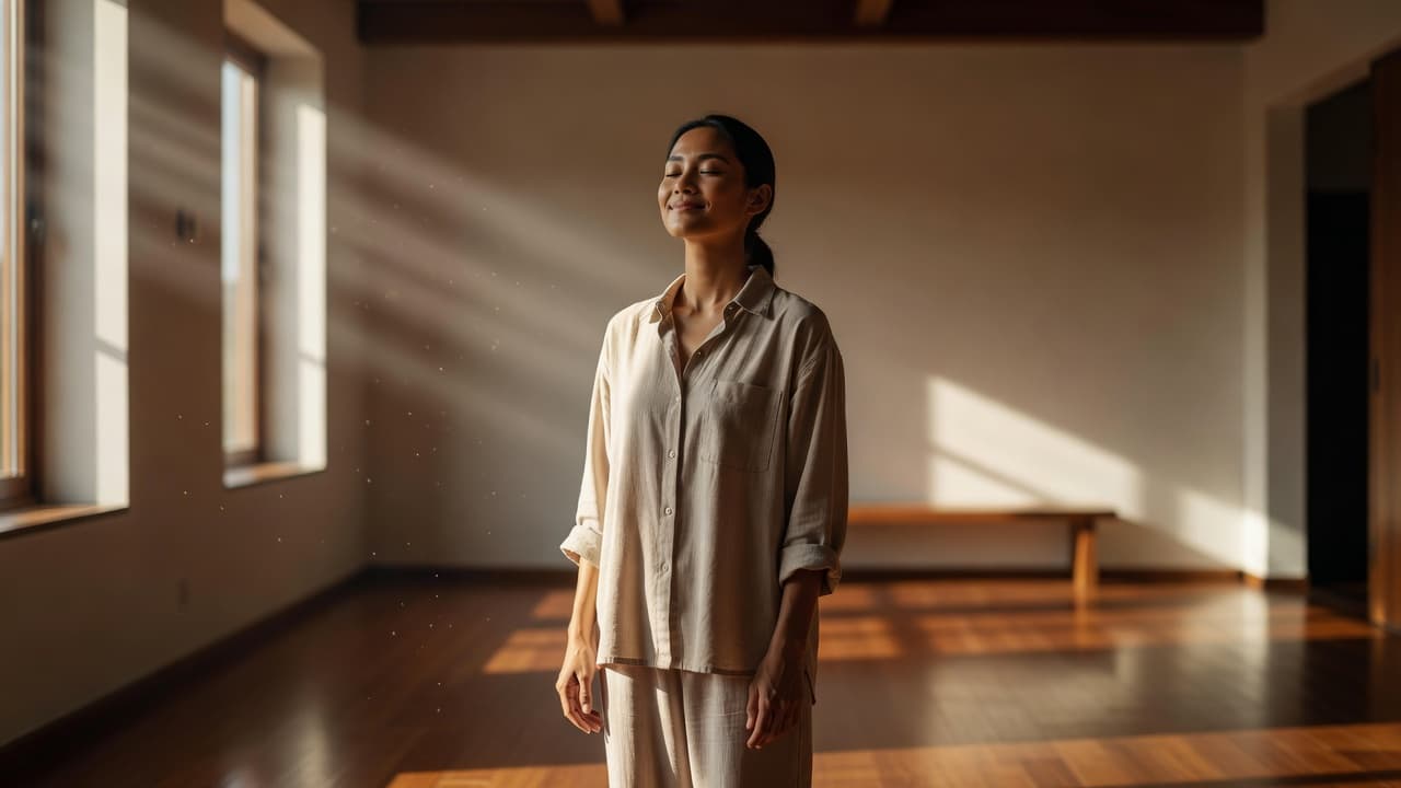 A person stands in a sun-drenched room with arms relaxed by their sides, exuding a sense of calm. Warm, cinematic golden light casts soft shadows that emphasize a feeling of physical relief.