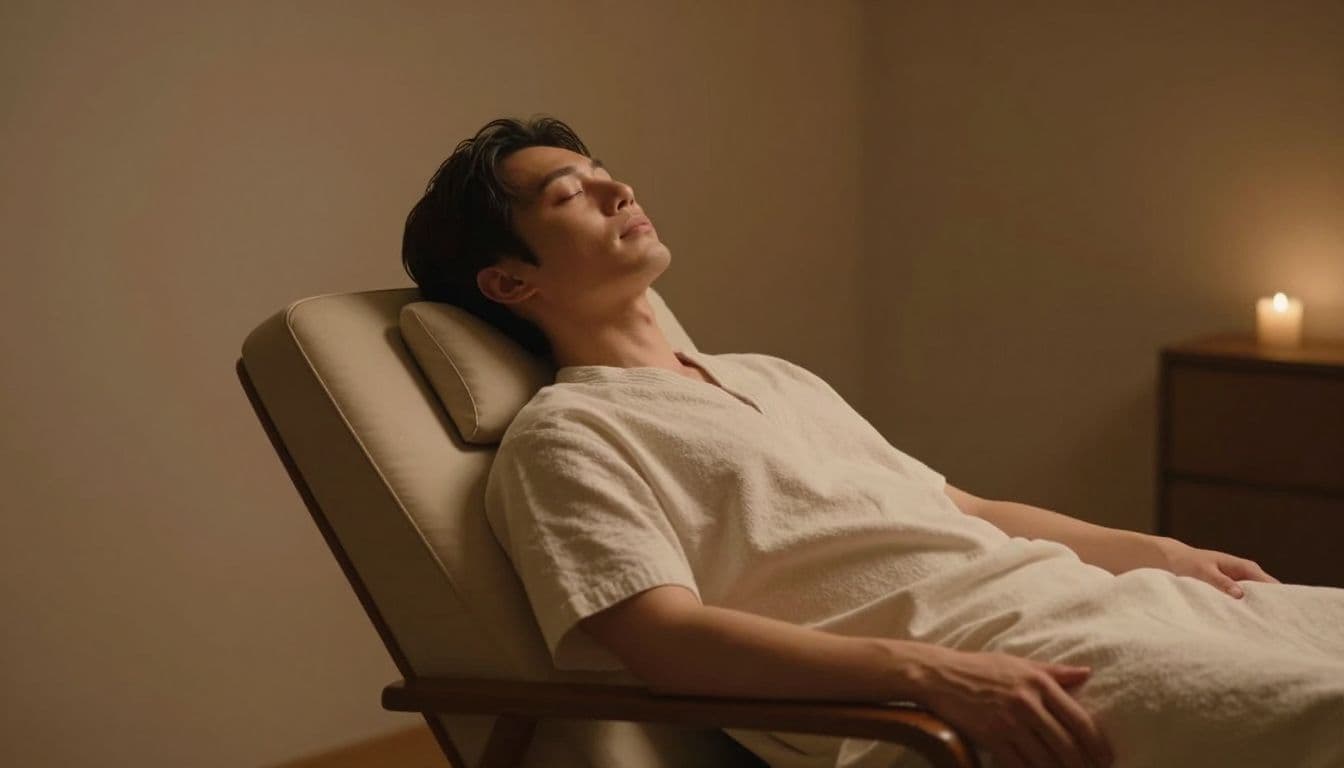 A person rests deeply in a plush chair within a tranquil spa setting. The soft golden lighting highlights their peaceful expression, conveying a sense of profound physical recovery and calm.