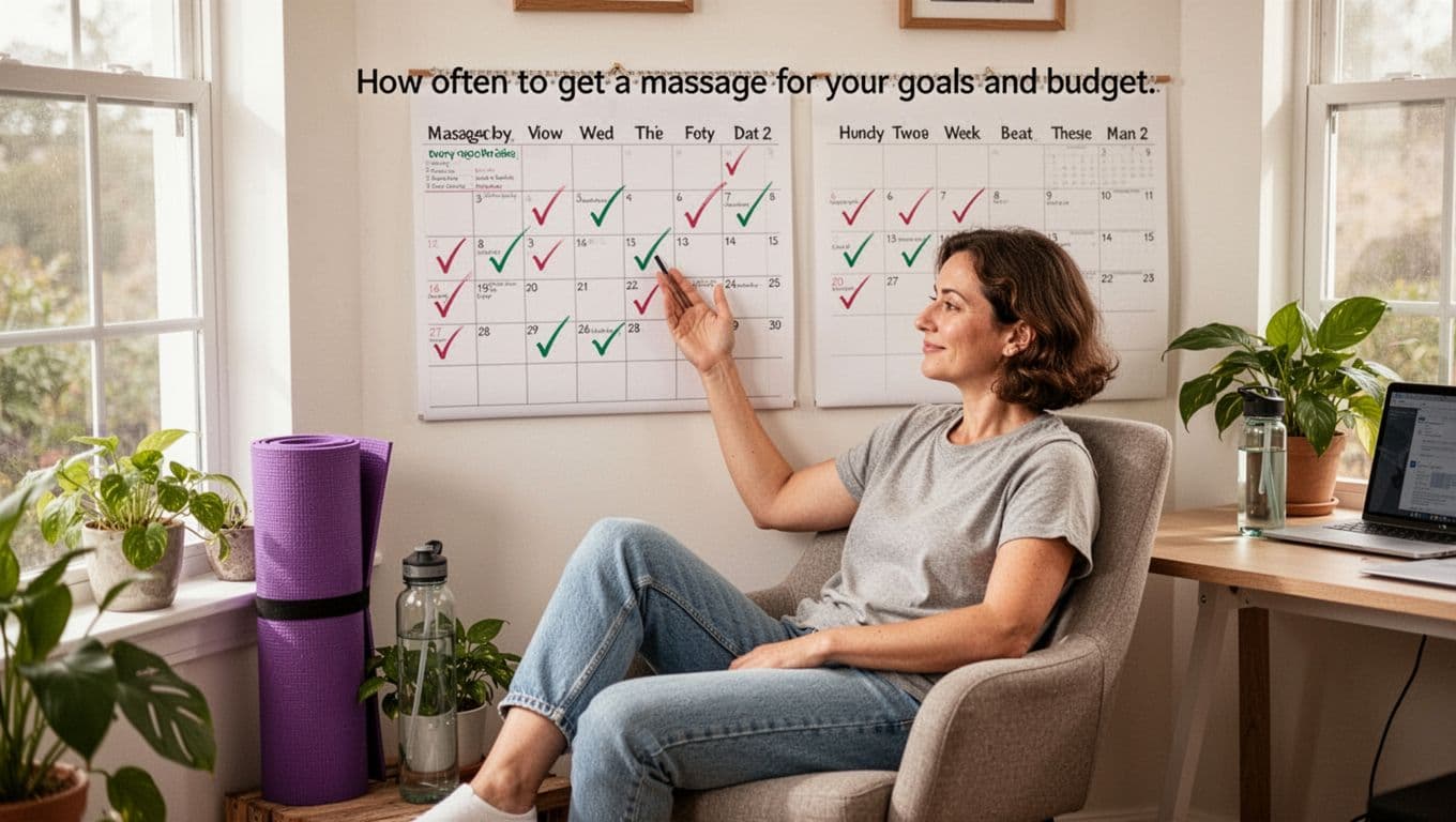 Massage 13 A relaxed person in casual clothes reviews a wall calendar with checkmarks on massage dates every two weeks, surrounded by wellness items in a cozy home office.