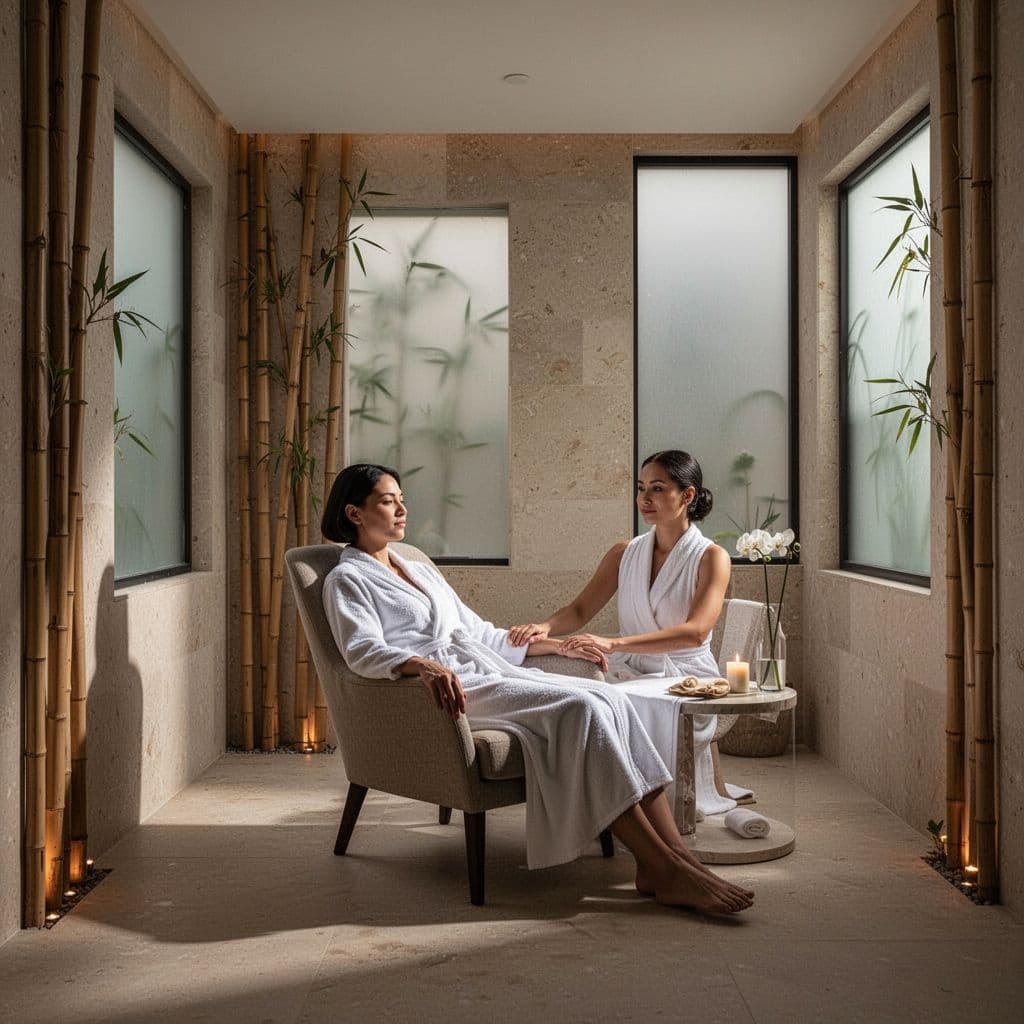 A person sits comfortably on a plush chair inside a minimalist, sunlit spa chamber. The soft natural illumination highlights the serene decor, creating a peaceful atmosphere conducive to deep therapeutic relaxation.