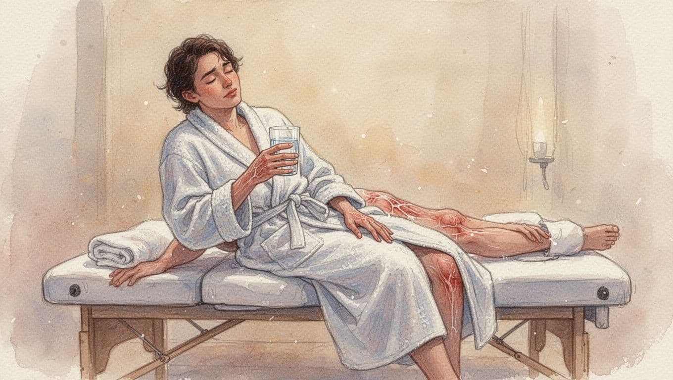 Person in spa robe sitting relaxed on edge of massage table post deep tissue session, holding glass of water, looking looser and sleepy, in soft warm watercolor lighting with brush texture.