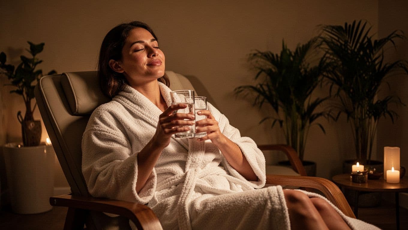 Relaxed person in soft robe sitting in spa lounge after massage, holding glass of water, looking calm and refreshed amid warm lighting and plants.