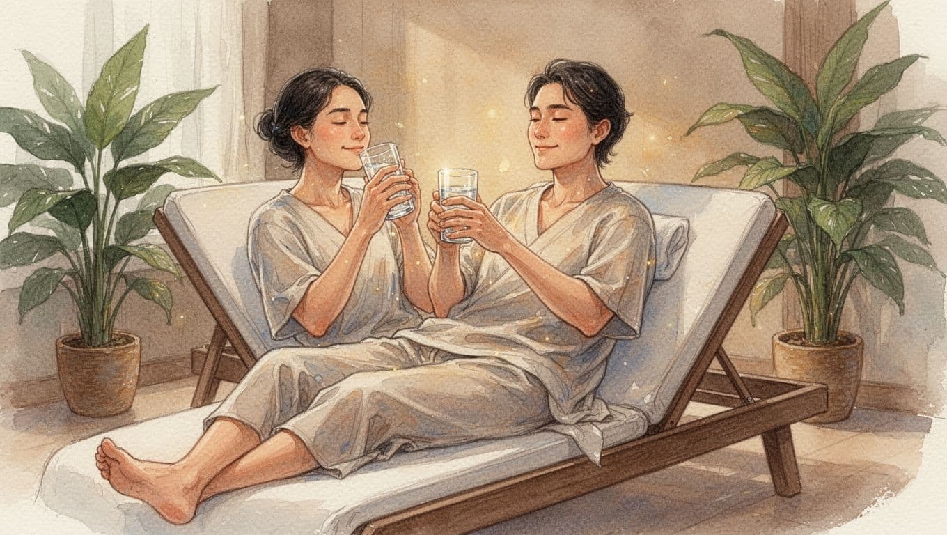 A person in loose clothing sits relaxed on a spa lounge chair after a Thai massage, sipping water from a glass with a calm, content expression, improved posture, and warm glow on skin, against a serene background with plants. Watercolor style featuring soft blending, visible brush texture, warm earth tones, and natural lighting.