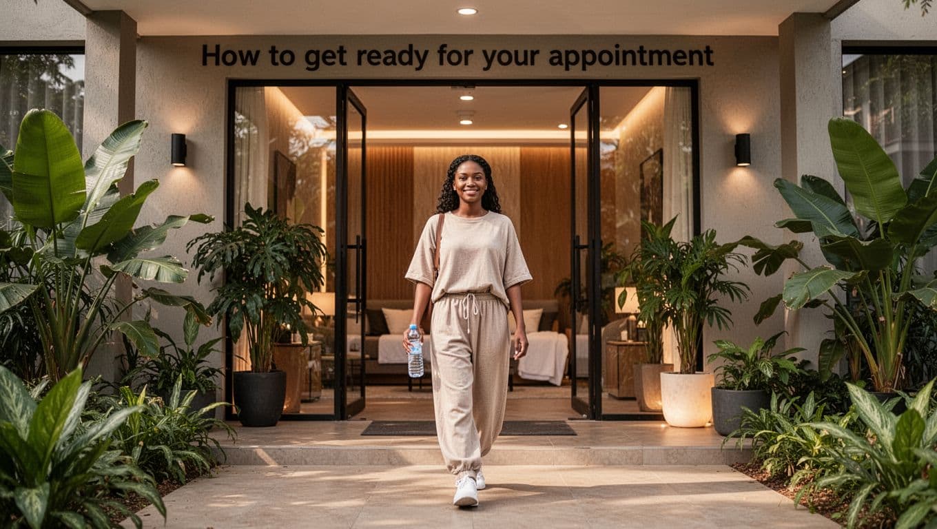 Swedish Massage 6 A person in comfortable loose clothing walks relaxed towards a modern spa entrance in Nairobi with green plants and warm lighting, carrying a water bottle in a serene daytime setting.