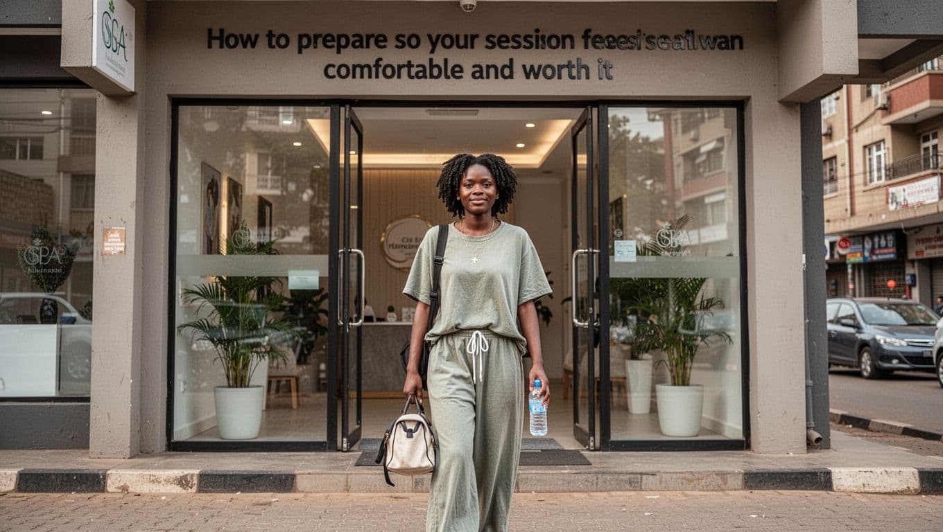 A relaxed young adult in loose comfortable clothing arrives early at a modern spa entrance in Kilimani, Nairobi, carrying a small bag and water bottle in a daytime urban street with soft natural light.