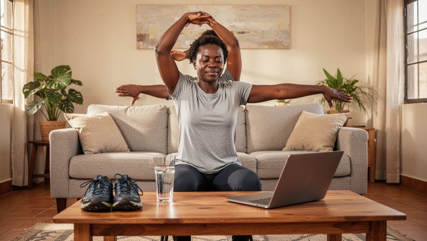 A single relaxed adult in casual clothes performs a simple shoulder stretch in a bright home living room in Nairobi, with a glass of water, walking shoes nearby, and a closed laptop on the table under natural morning light.