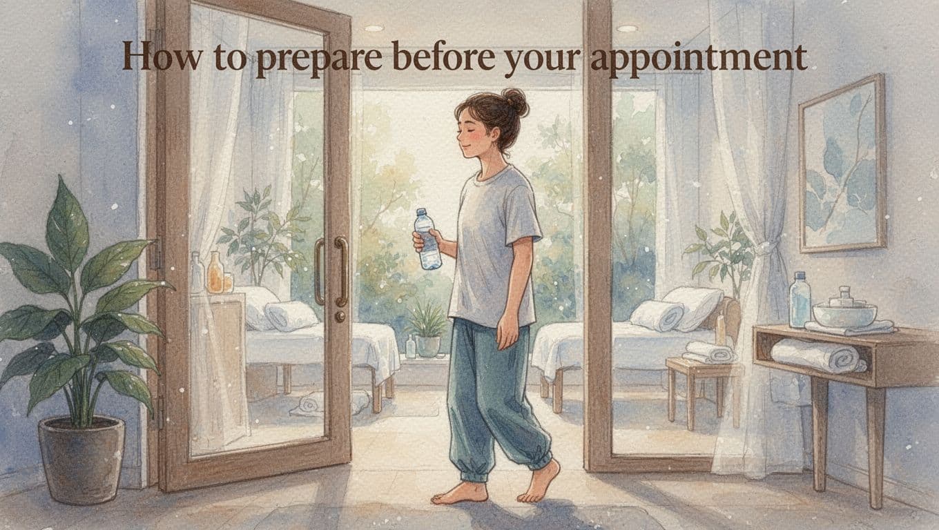 A person in loose t-shirt and pants arrives calmly at a spa room entrance, holding a water bottle, with soft natural light and watercolor style in warm earth tones.