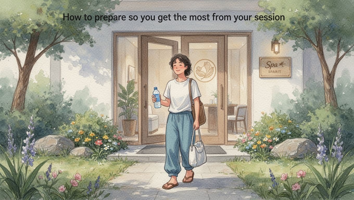 A relaxed person arrives early at a spa entrance wearing comfortable loose clothes and carrying a water bottle, set in a serene garden outside a welcoming spa door, rendered in watercolor style with soft blending and visible brush texture.