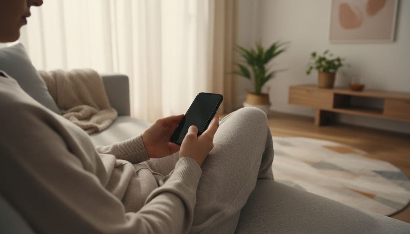 A person sits relaxed in a cozy living room holding a smartphone to call or message for a spa appointment, with soft daylight and warm atmosphere.