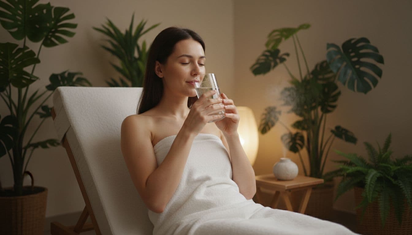 Hot Oil Massage 8 A relaxed client sits in a serene spa lounge after a hot oil massage, sipping water from a glass while wrapped in a soft towel, surrounded by plants and dim lighting.