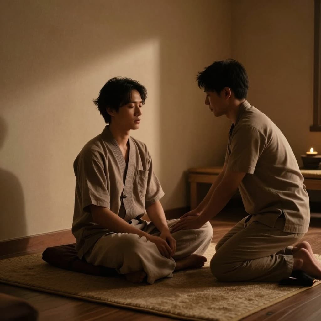 A serene individual sits comfortably upon a plush floor mat inside a warm, minimalist massage room. Soft amber lighting illuminates the quiet space, highlighting the calm atmosphere and elegant interior textures.
