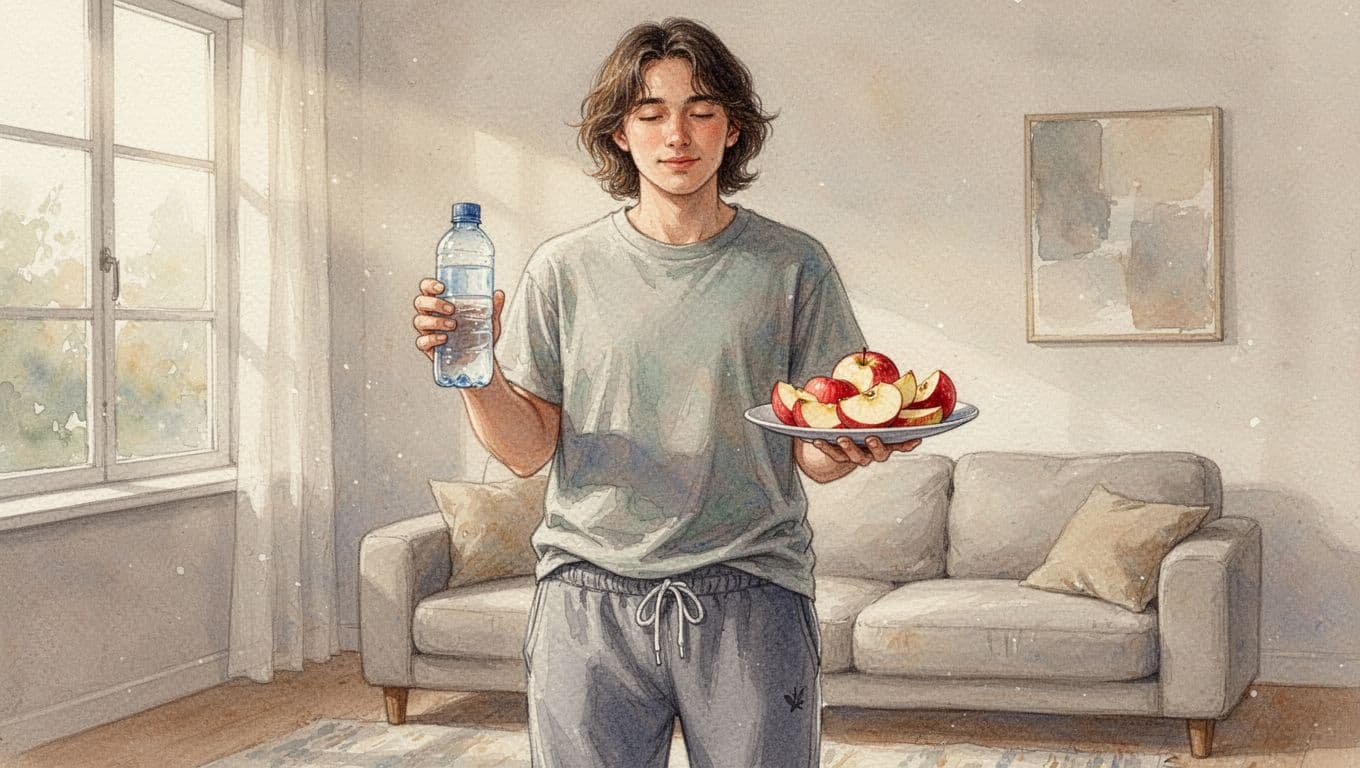 A relaxed person in comfortable t-shirt and joggers holds a water bottle and apple slices on a plate in a simple home living room with soft morning light, in watercolor style.