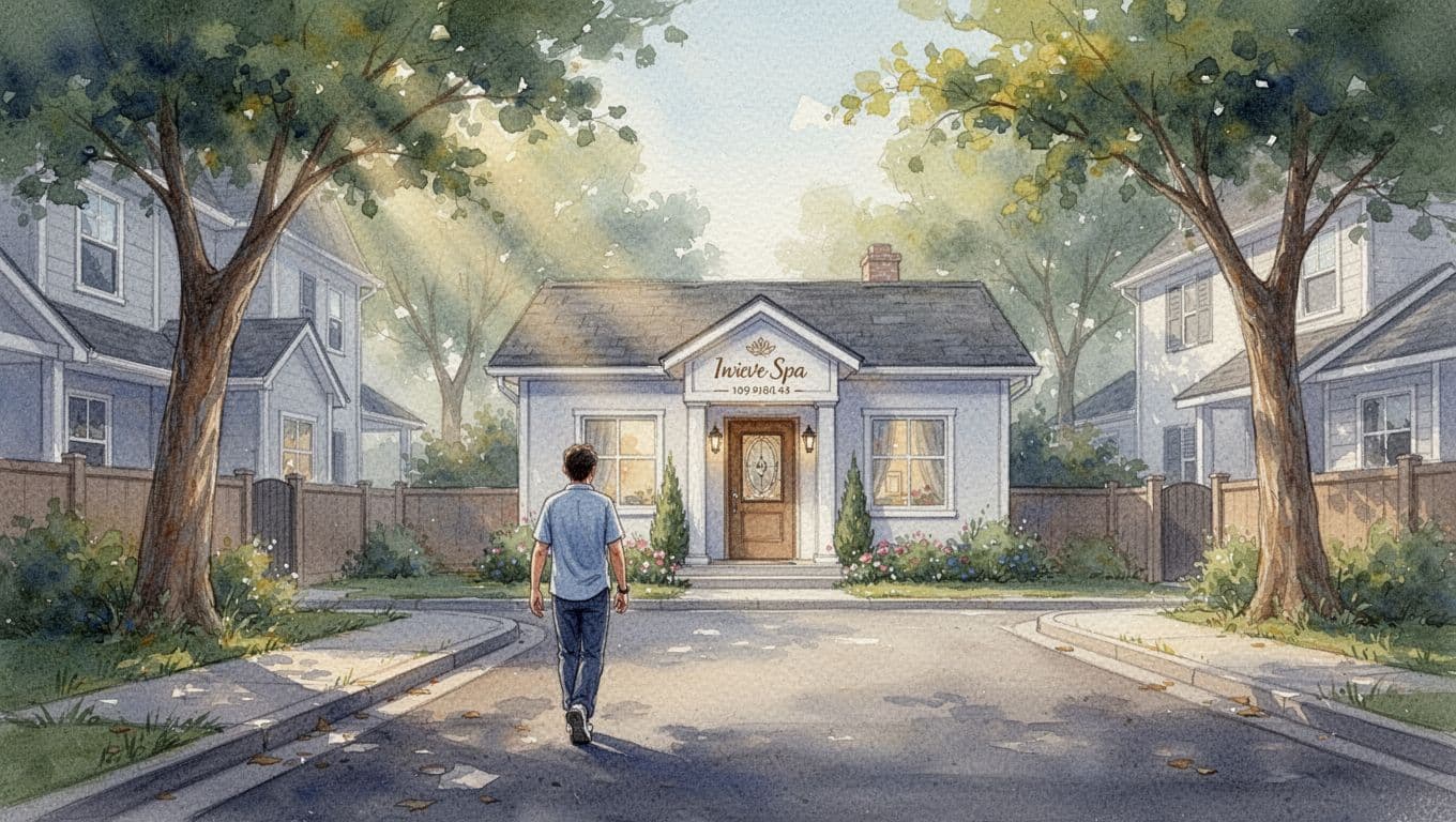Massages in Langata: A Clear Guide from Fortune Massage & Spa 14 Relaxed person walks from home to cozy spa entrance on serene Langata street, soft morning light through trees, watercolor style.