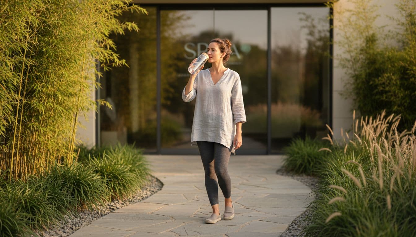 A relaxed woman in comfortable clothes sips from a water bottle while walking towards a modern spa entrance on a serene morning path, embodying preparation by arriving early and hydrating for a better massage.