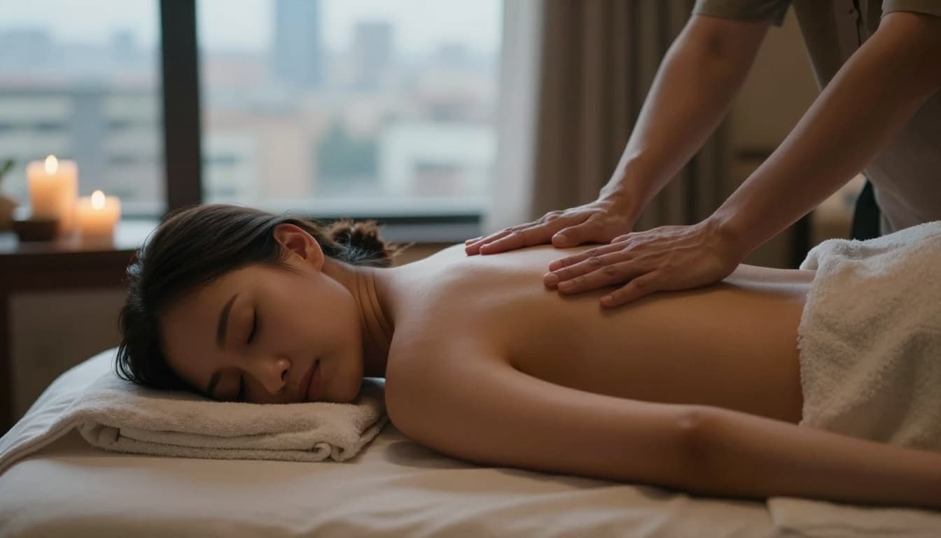 A relaxed woman in her 30s lies face down on a massage table in a serene spa room with dim warm lighting, candles, and a Nairobi city view through the window, her peaceful expression and loosening shoulders illustrating stress relief.