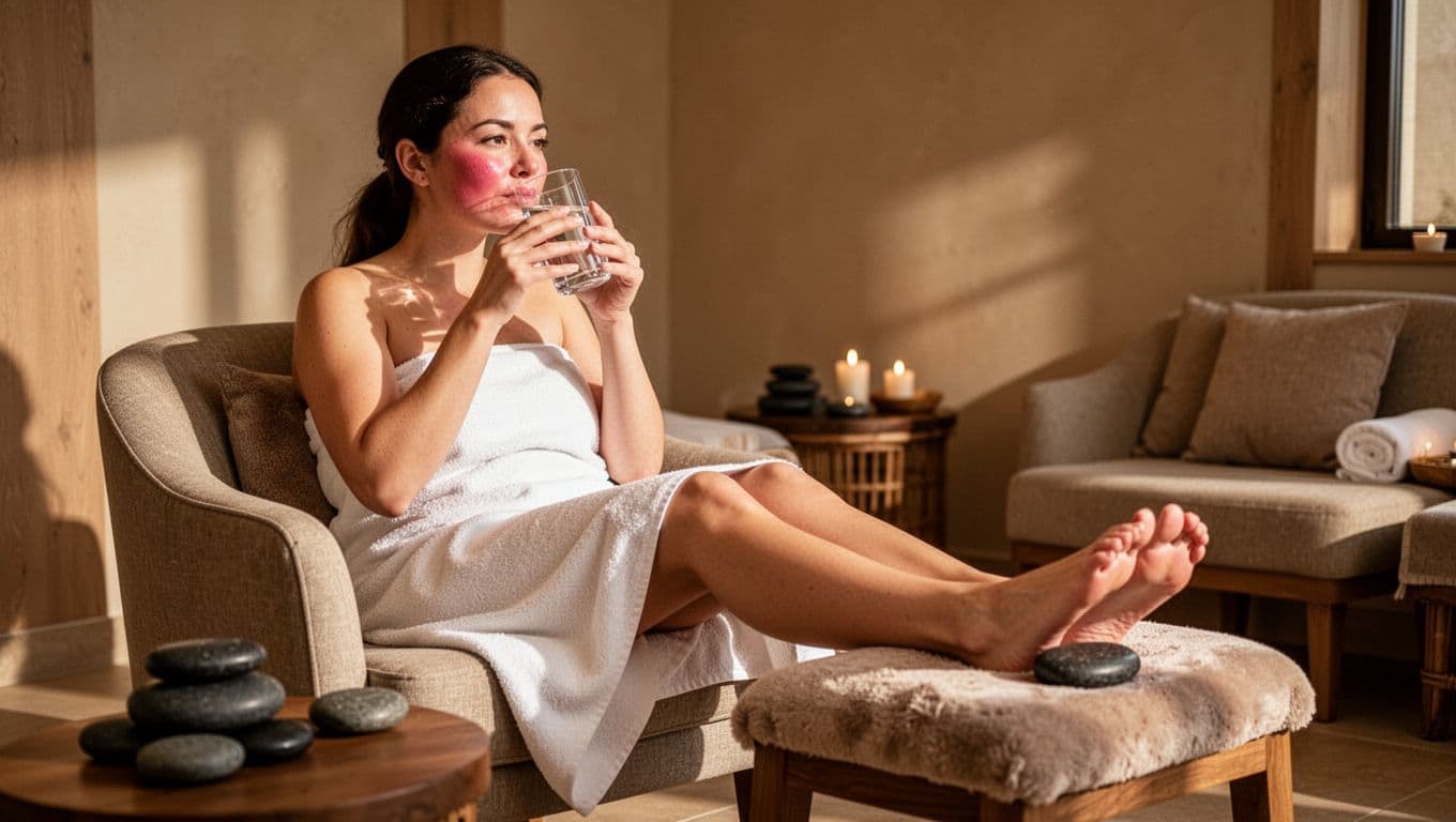 A relaxed female client rests comfortably in a cozy spa lounge after a hot stone massage, sipping water from a clear glass with a healthy mild flush on her cheeks, feet propped up, serene atmosphere with soft lighting and cooling basalt stones nearby.