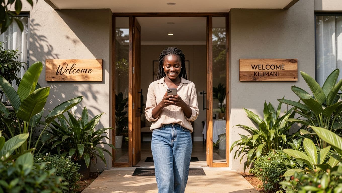 A relaxed young East African woman smiles while checking her WhatsApp booking confirmation on her phone upon arriving at a welcoming modern spa entrance in Nairobi's Kilimani neighborhood on a sunny day.