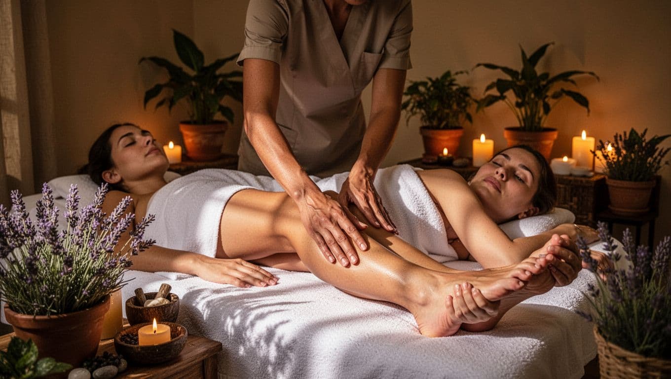 A relaxed woman on a massage table in a cozy Kilimani spa receives gentle Swedish full-body massage or foot reflexology from a therapist using smooth strokes on legs or feet in a calming atmosphere with lavender, plants, and dim warm lights.
