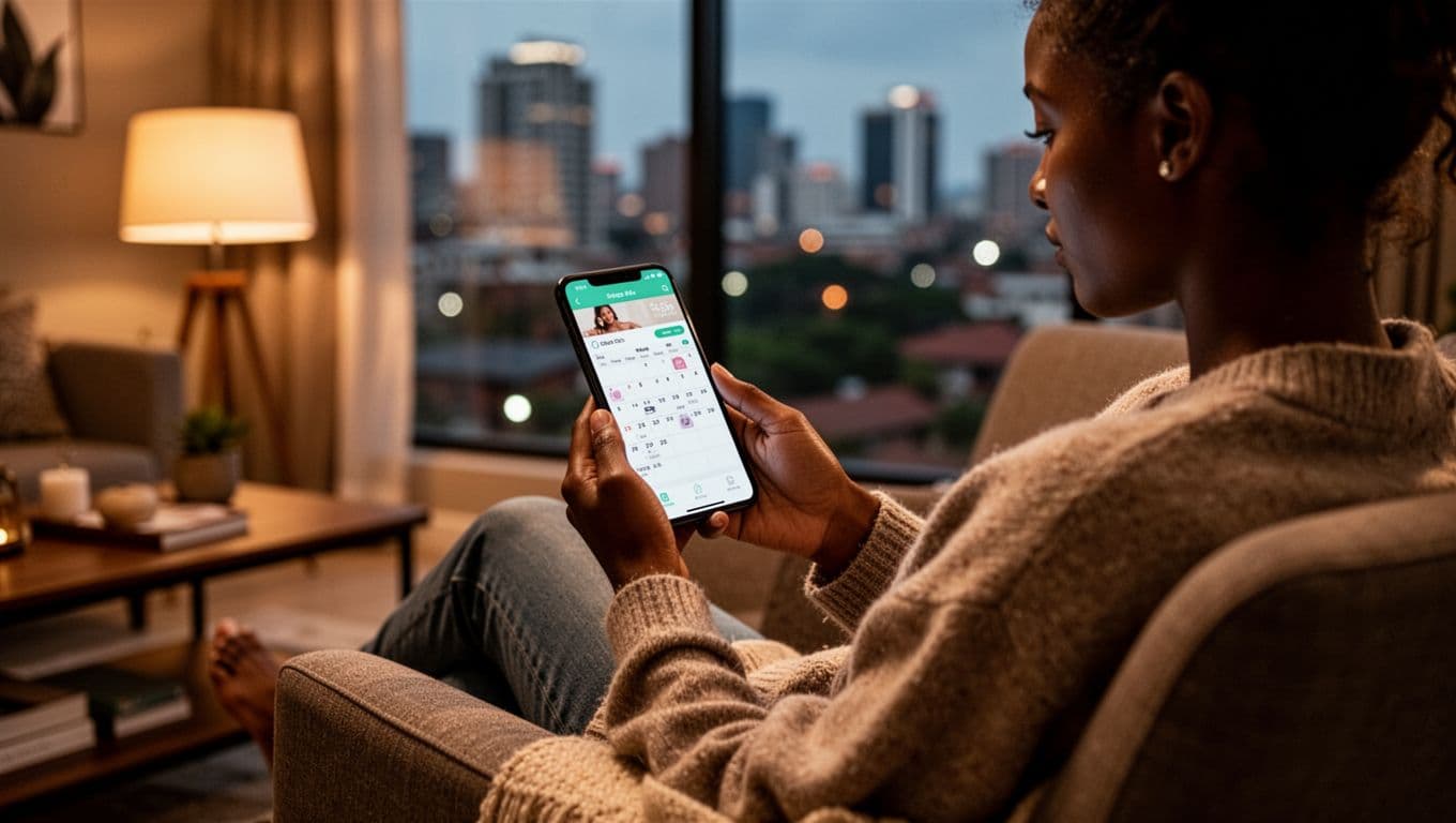 A relaxed young adult sits in a cozy modern living room on an armchair, checking their smartphone calendar for a spa appointment, with warm lamp lighting and a blurred Nairobi cityscape through the window.