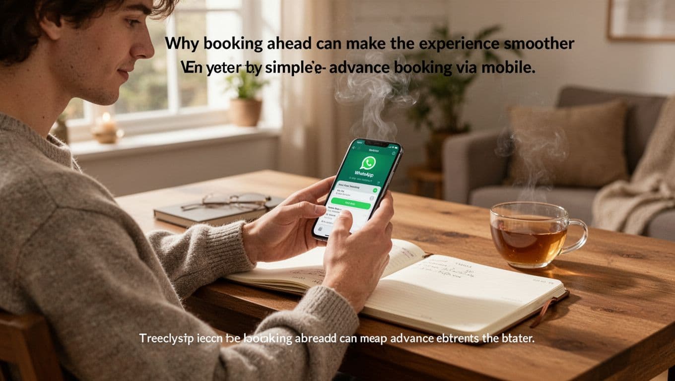 Massage SPA in Kilimani: A Practical Guide to Relaxation 11 A relaxed young adult in casual attire sits at a cozy home desk, using a smartphone for WhatsApp spa booking with screen angled away, open notebook and steaming tea nearby in natural light.