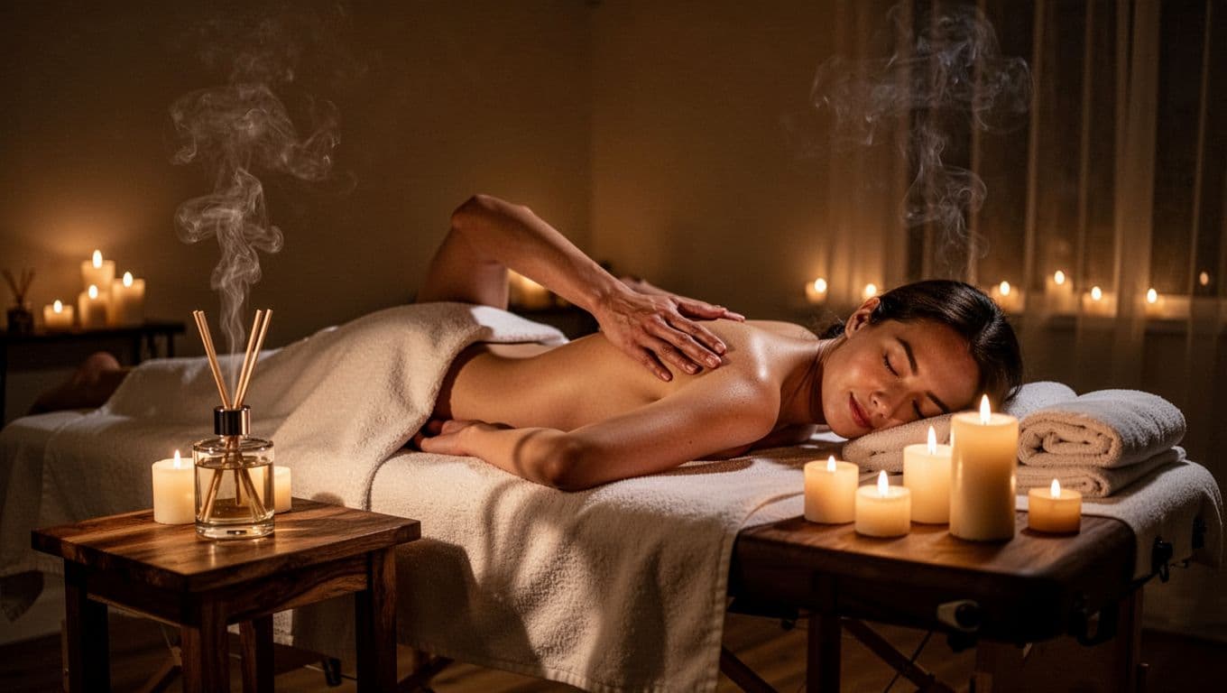 A person lies on a massage table in a dimly lit room filled with soft candlelight. A nearby wooden table holds a steaming diffuser, creating a peaceful and serene environment.
