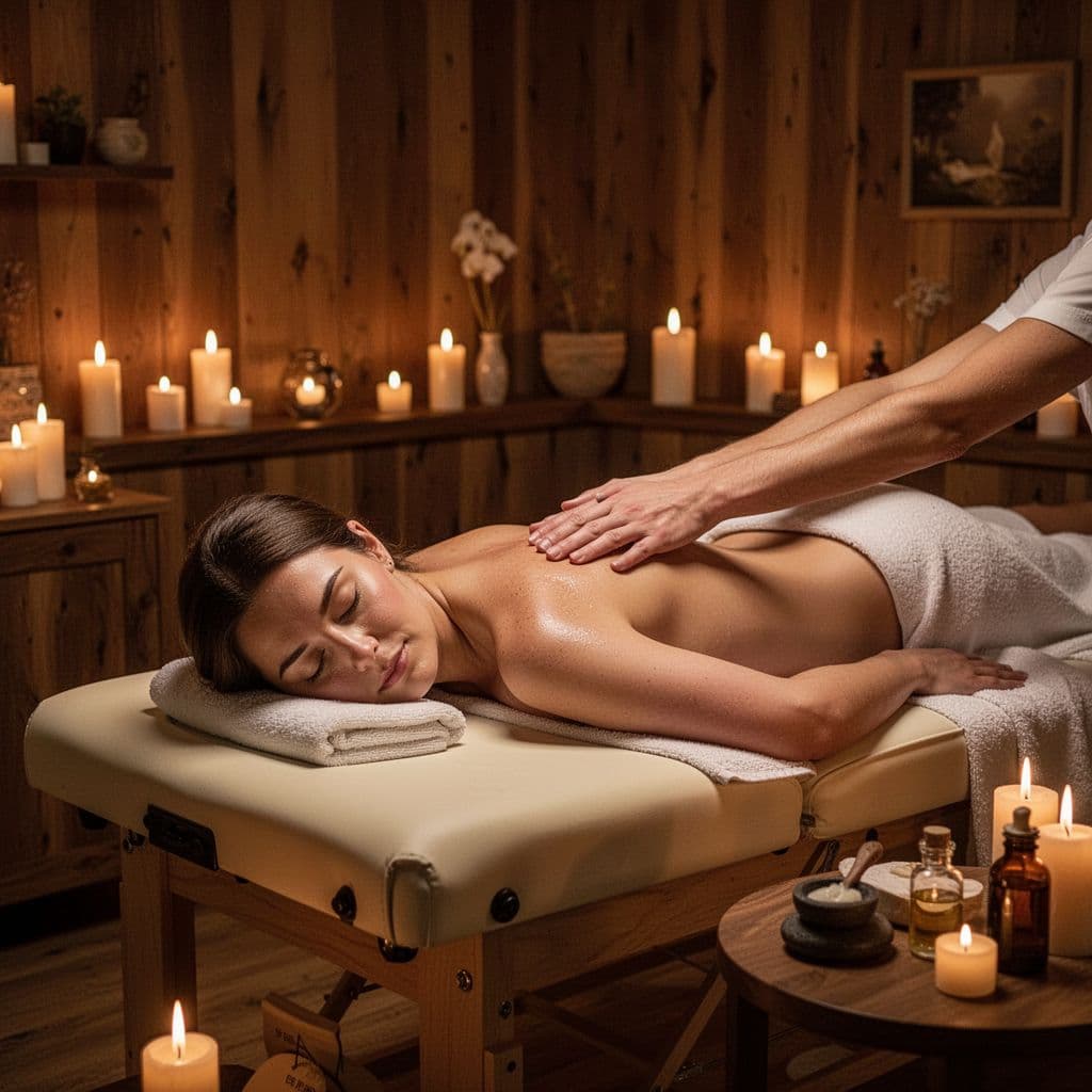 A serene individual lies comfortably on a professional massage table within a dimly lit, warm spa room. Essential oils diffuse into the air while soft, dramatic lighting creates a peaceful atmosphere.