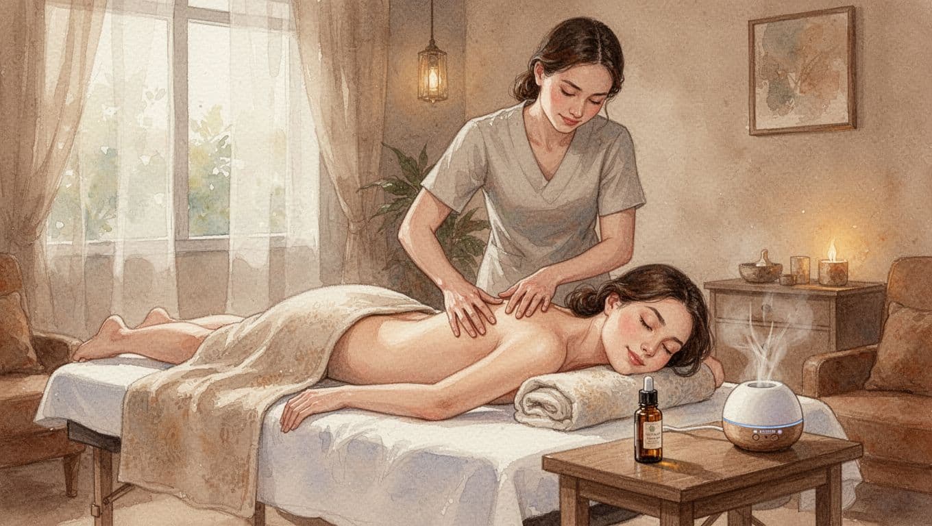 Client enjoying a serene back massage from a therapist at Nairobi Spa in Kilimani, watercolor style with soft earth tones, essential oils, and cozy natural light.