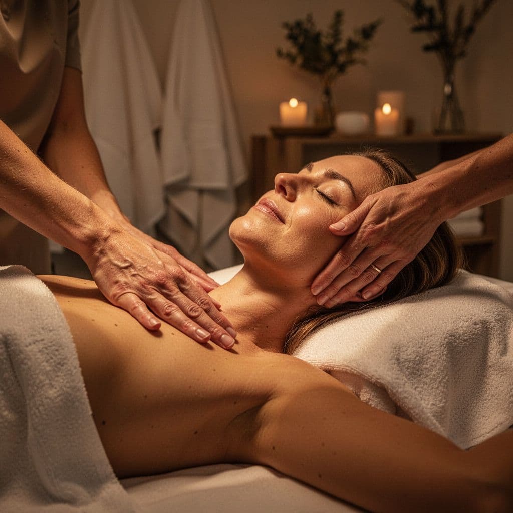 A person rests with eyes closed during a massage session bathed in a warm amber glow. Soft focus bokeh highlights the tranquil atmosphere and the serene expression on their relaxed face.