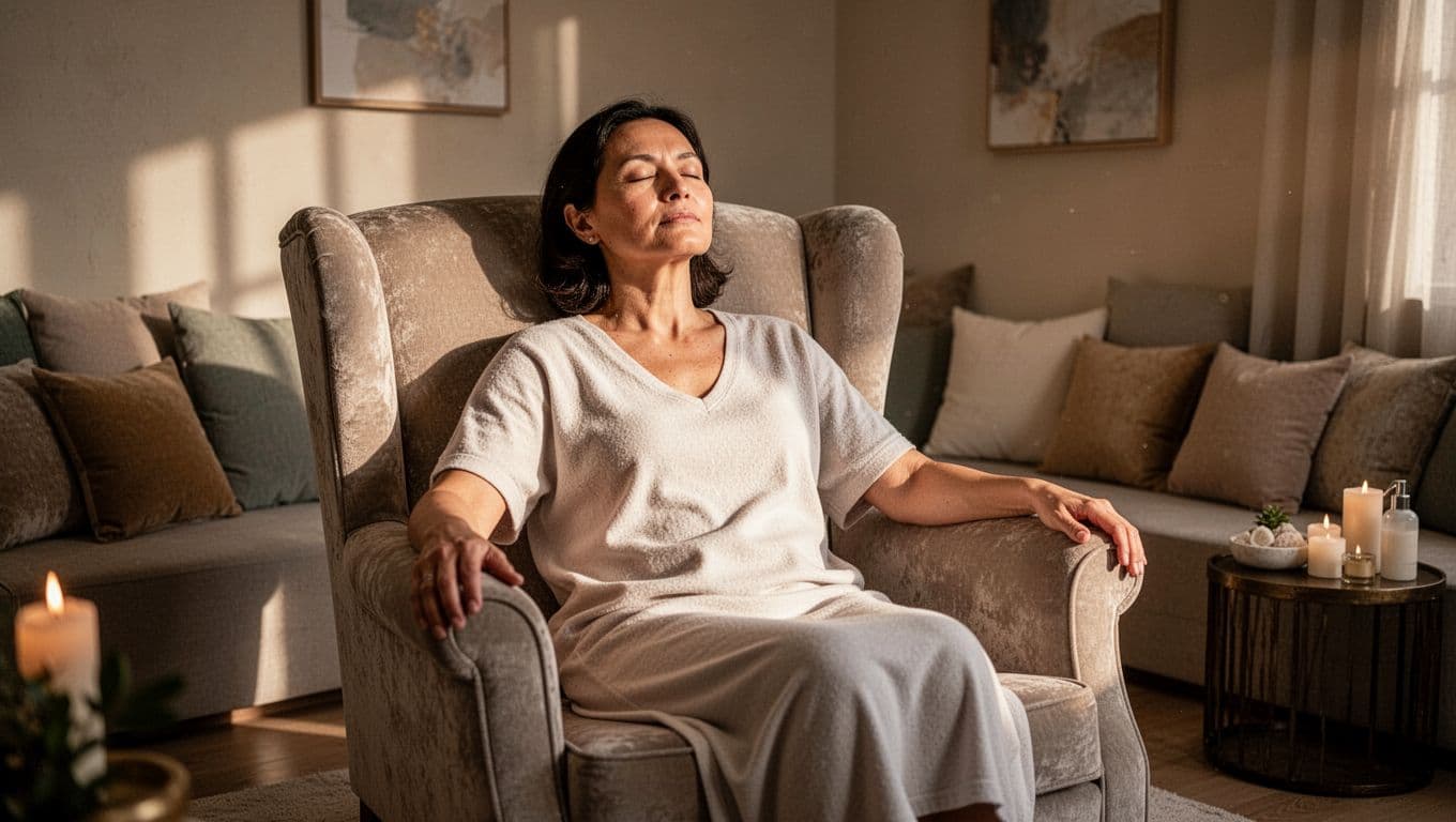 A relaxed individual sits in a plush cushioned chair within a dim, warm-lit studio. Soft shadows accentuate the peaceful atmosphere as the client prepares for a professional massage session in Nairobi.
