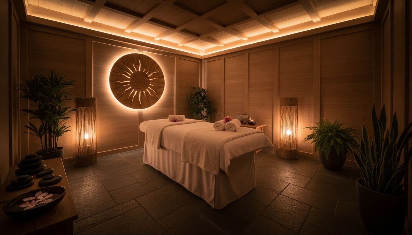 A quiet massage room features a clean treatment table under soft, warm lighting and natural wood accents.