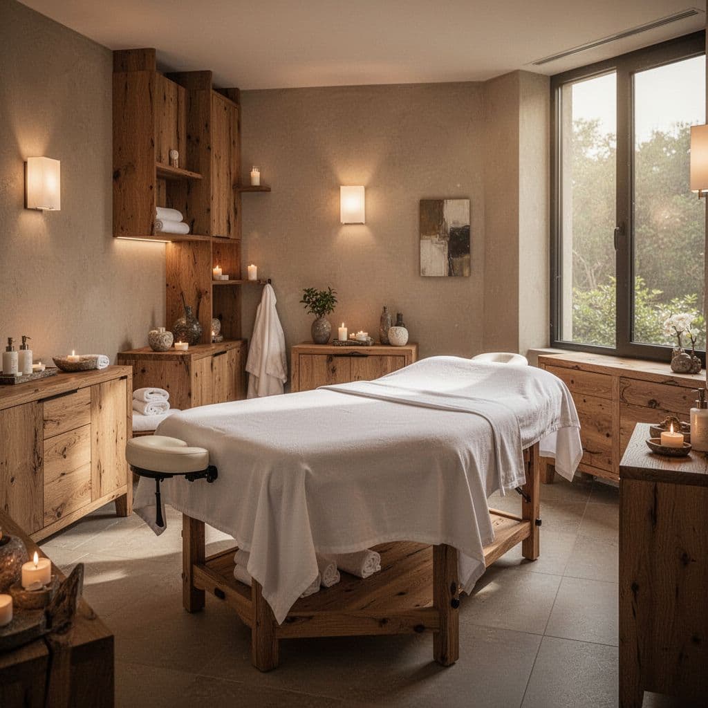 A tranquil spa room features natural wood furniture, warm lighting, and a neatly prepared massage table.