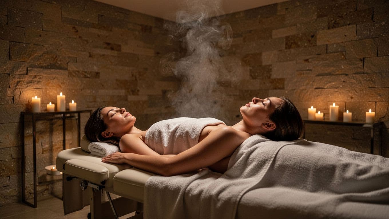 A person receiving a relaxing back massage in a warmly lit spa room.