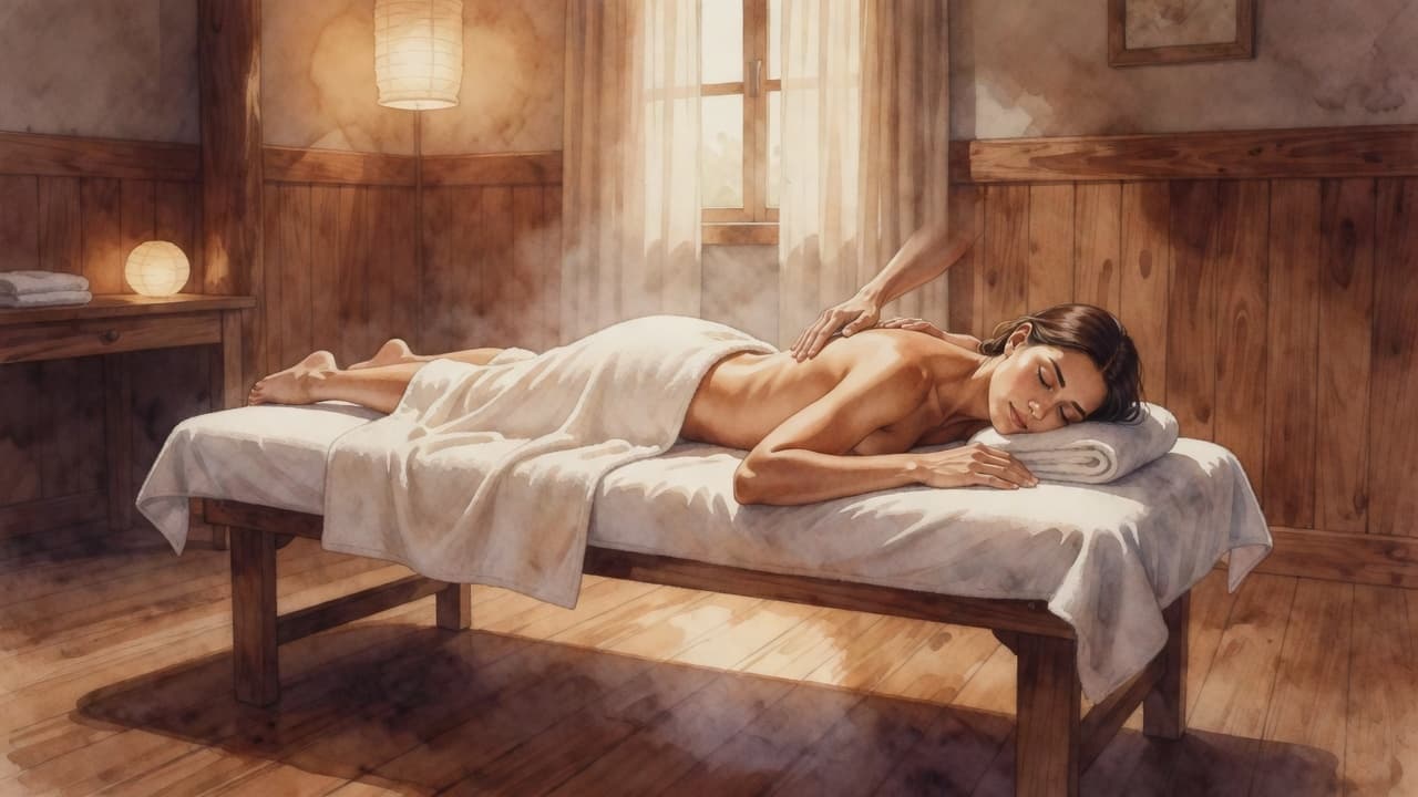 A client rests peacefully on a wooden massage table in a dimly lit, rustic spa room. Soft ambient light highlights the watercolor brush textures across the warm, tranquil interior space.